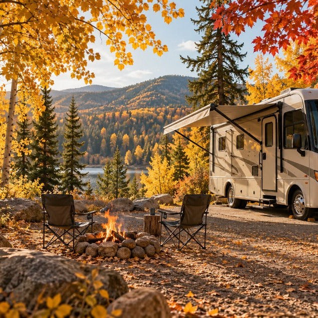 Recreational vehicle parked at a fall campsite