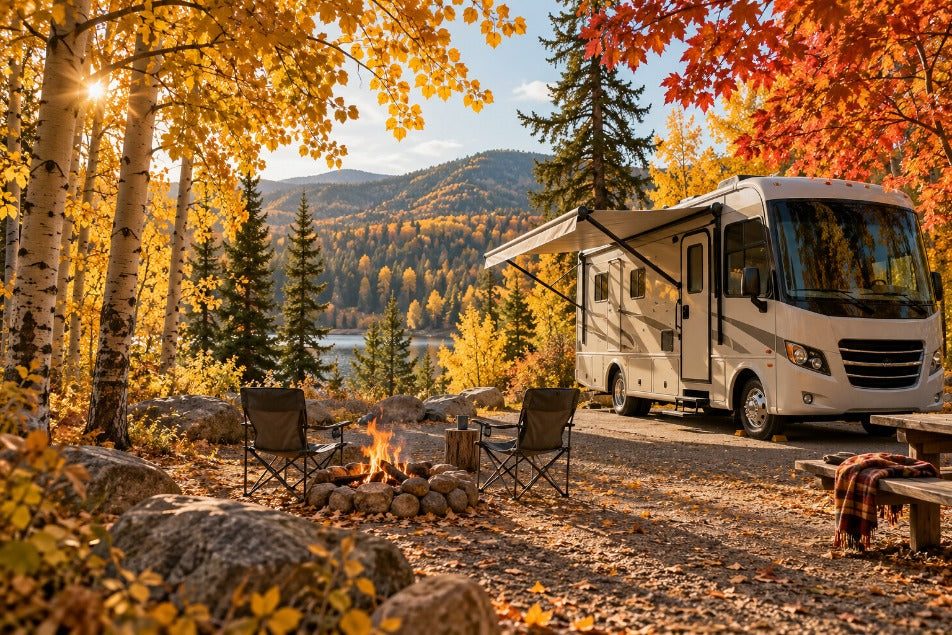 Recreational vehicle parked at a fall campsite