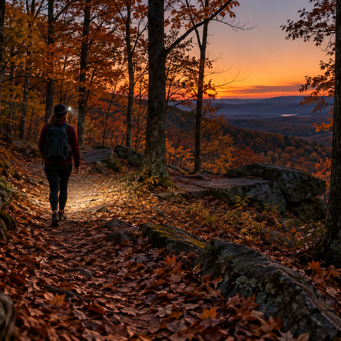 Illustration of a hiker with a headlamp on an autumn trail at dusk