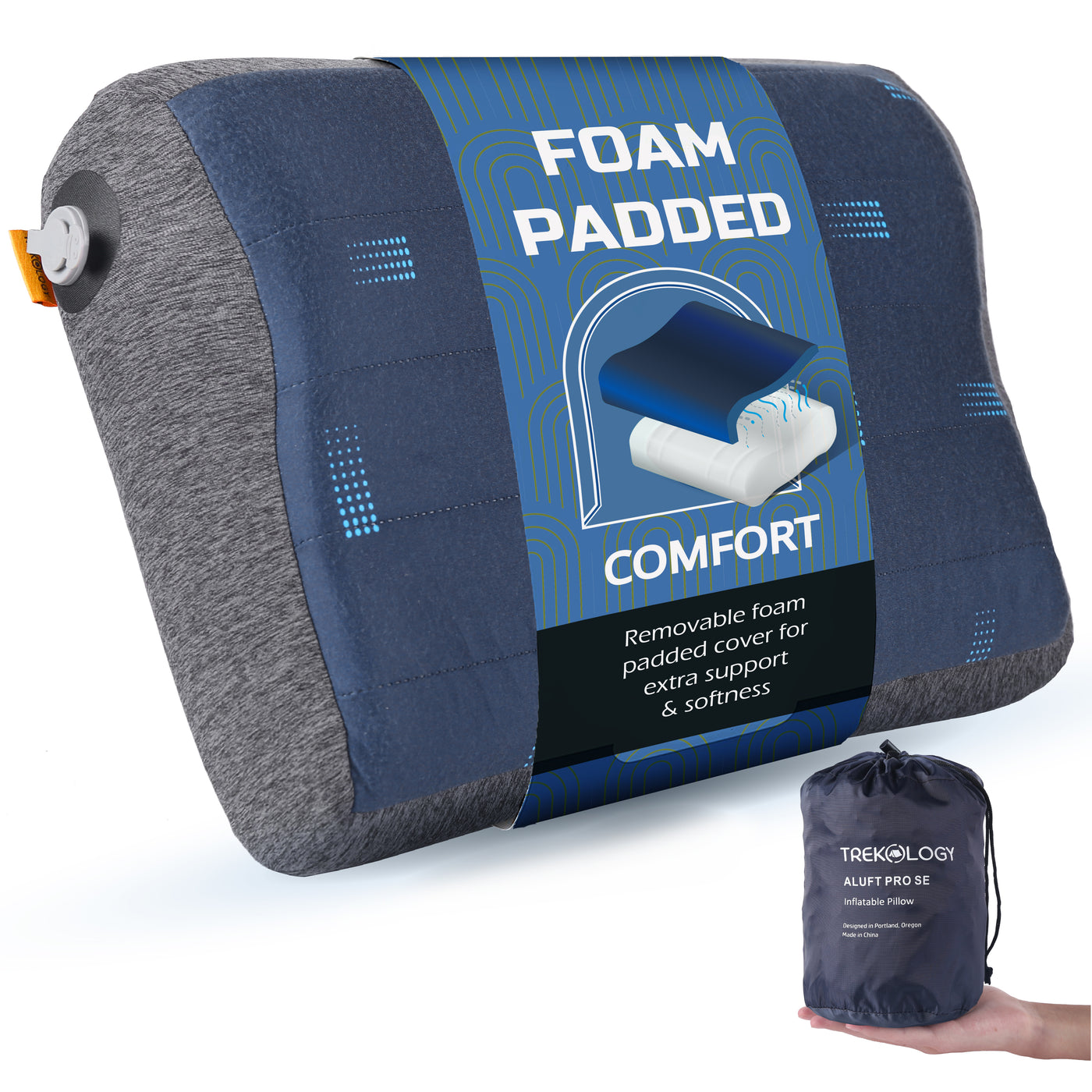 Trekology Aluft Pro SE Premium Inflatable Camping Pillow with Removable Foam-Padded