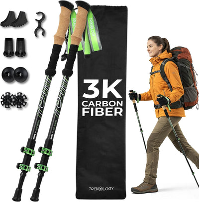 TREKOLOGY 3K Carbon Fiber Trekking Poles (210g) & 10pc Accessory Kit (US)