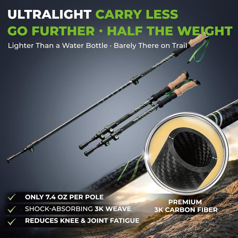 TREKOLOGY 3K Carbon Fiber Walking Poles - Ultralight 210g Telescopic Sticks with 10pc Kit (UK)