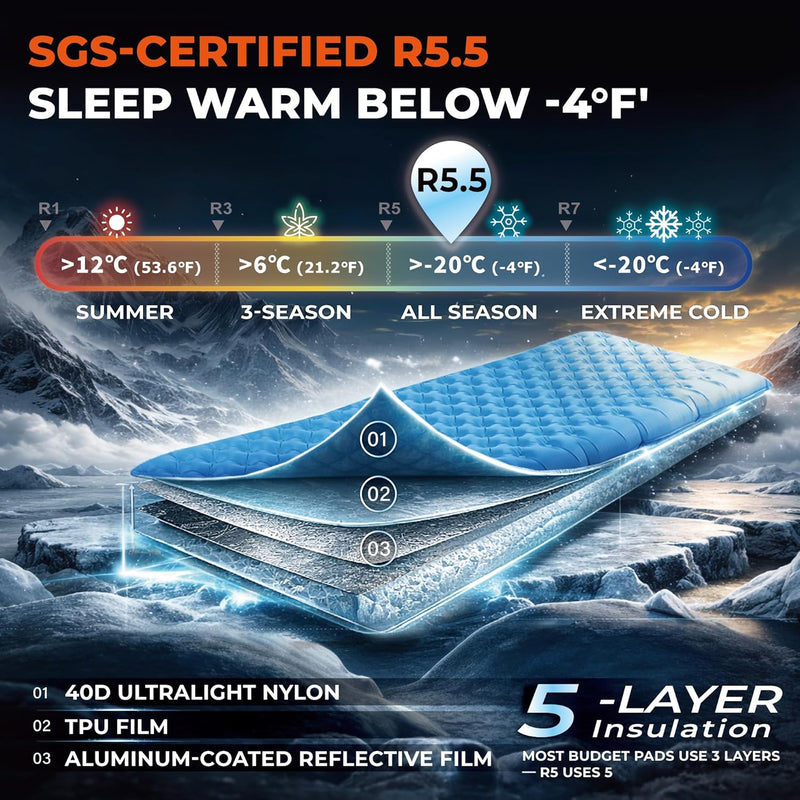 TREKOLOGY R5 Insulated Sleeping Mat - SGS-Certified 5.5 R-Value Winter Camping Mat(UK)