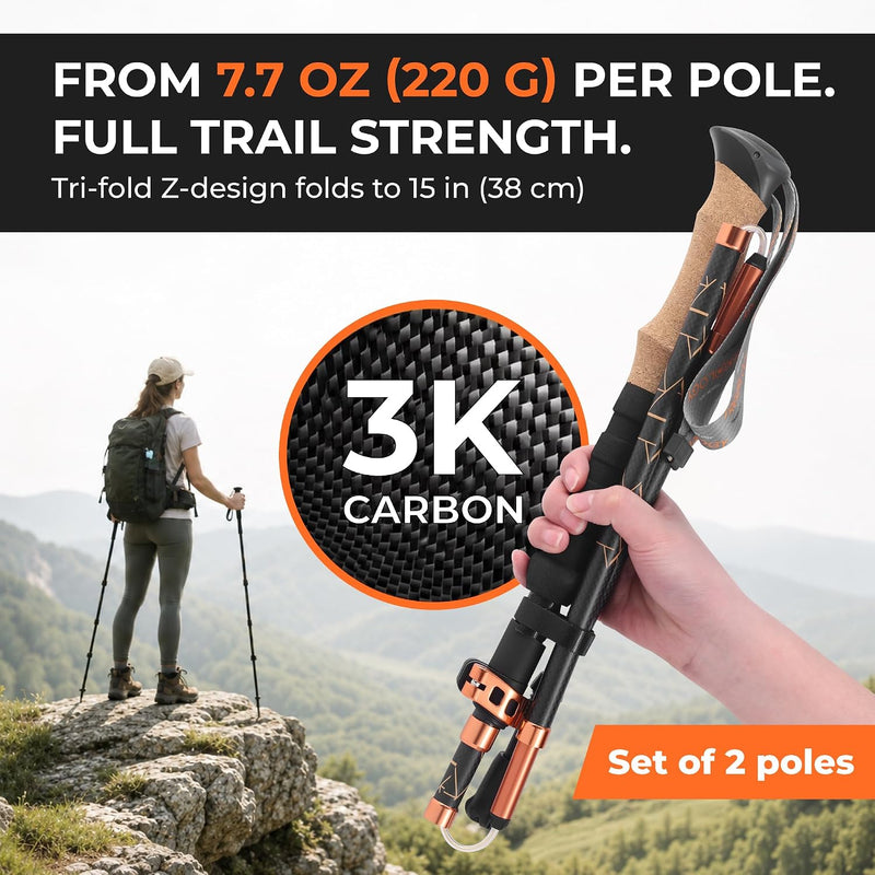 TREKOLOGY Trek-Z Prima 3K Carbon Fiber Folding Poles - Cork Grip (US)