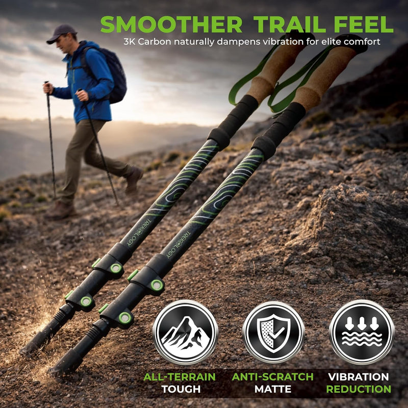 TREKOLOGY 3K Carbon Fiber Hiking Poles - 210g Ultralight Telescopic Walking Sticks & 10pc Kit(CA)