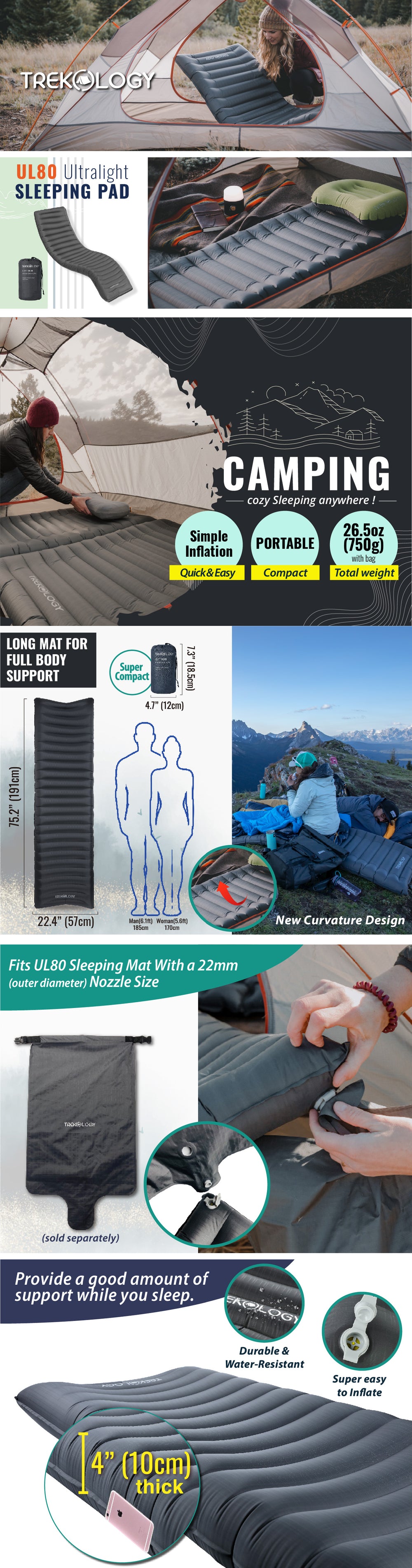 Trekology UL140 Gonflable Camping Sleeping Pad avec Maroc Trekology UL140 Gonflable Camping Sleeping Pad avec Maroc