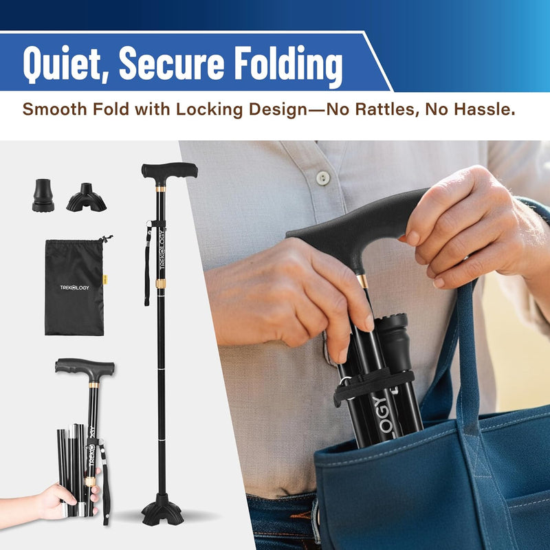 TREKOLOGY Self-Standing Quad Cane | Adjustable Walking Stick for Seniors (CA)