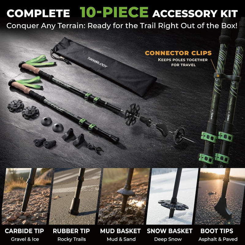 TREKOLOGY 3K Carbon Fiber Walking Poles - Ultralight 210g Telescopic Sticks with 10pc Kit (UK)