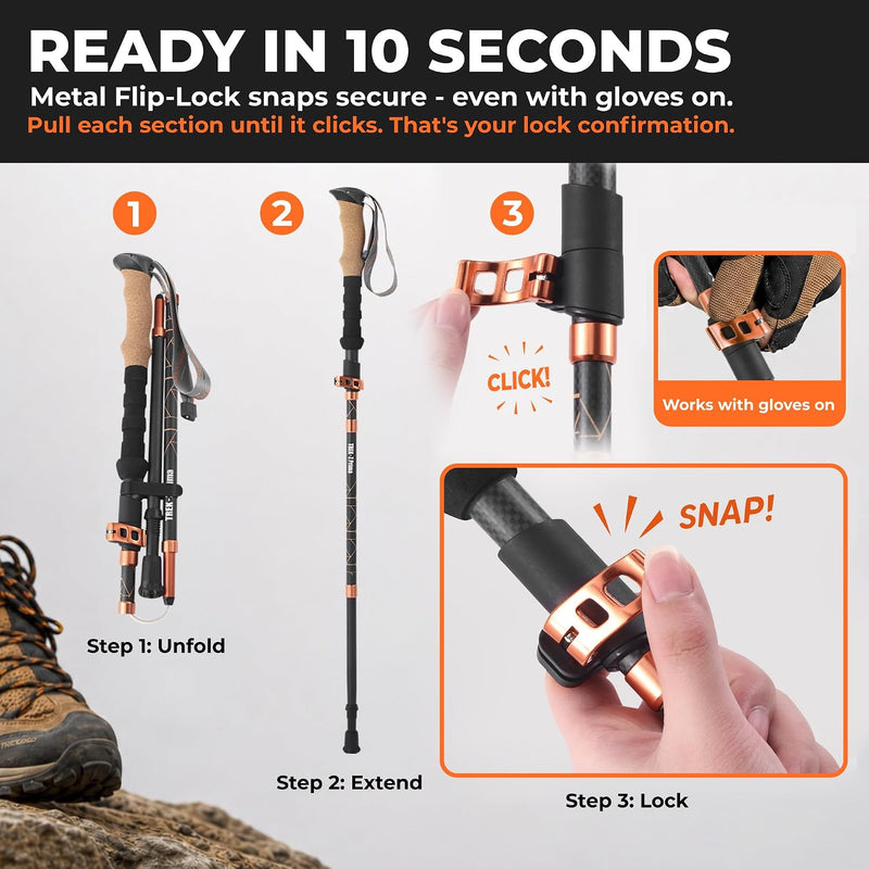 TREKOLOGY Trek-Z Prima 3K Carbon Fiber Folding Poles - Cork Grip (US)