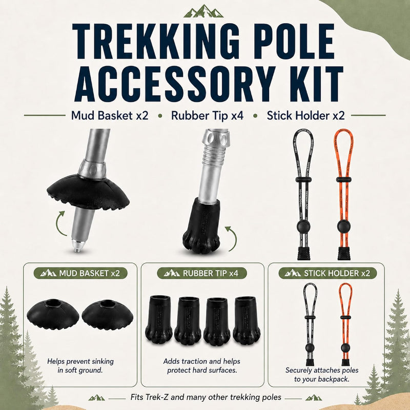 TREKOLOGY Trekking Pole Replacement Tips, Mud Baskets & Pole Holders Set (8-Piece) (US)
