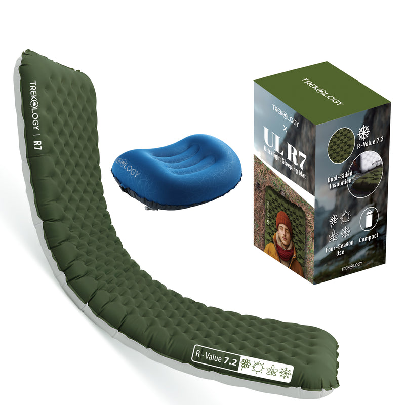TREKOLOGY All-Season Sleep Bundle: UL R7.2 Pad (Green) & ALUFT 2.0 Pillow (US)