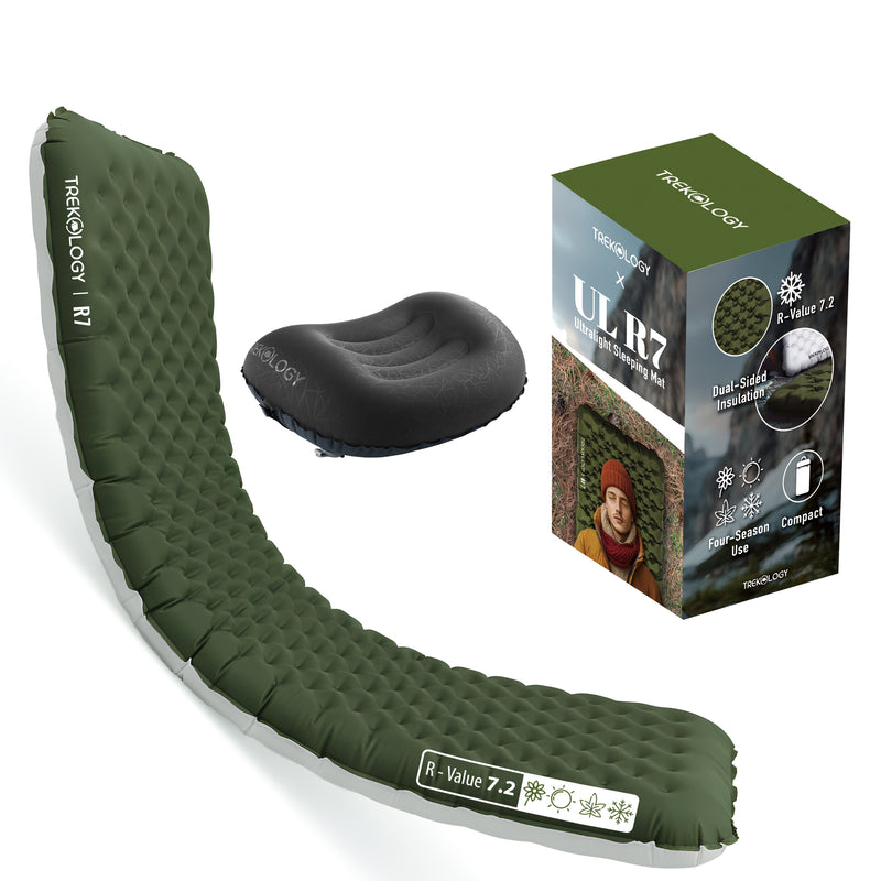 TREKOLOGY All-Season Sleep Bundle: UL R7.2 Pad (Green) & ALUFT 2.0 Pillow (US)