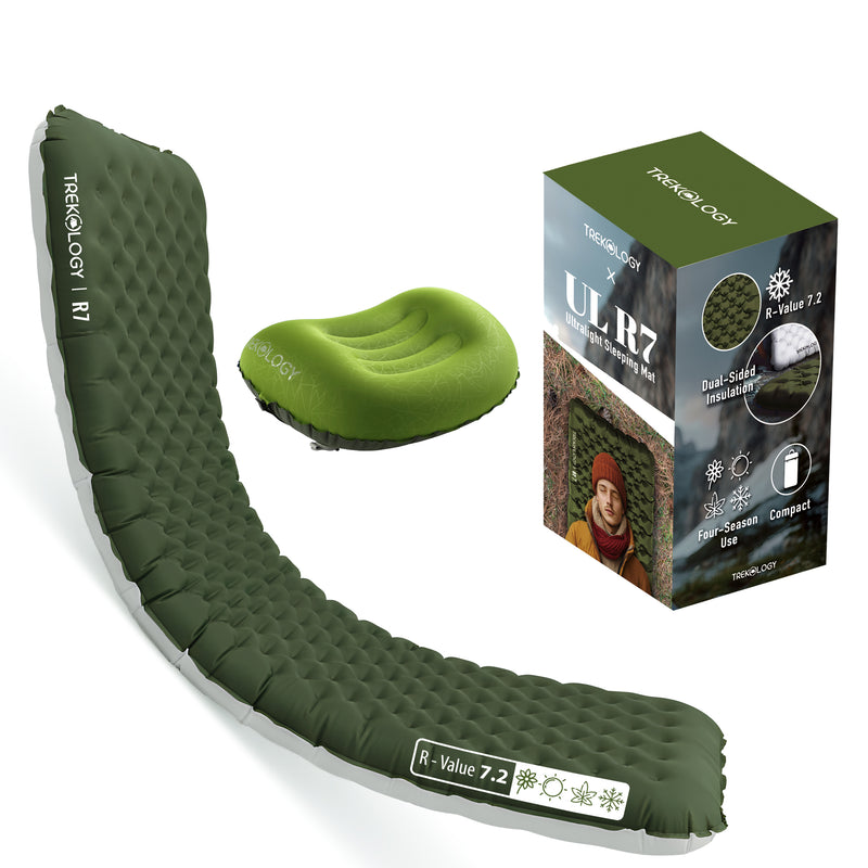 TREKOLOGY All-Season Sleep Bundle: UL R7.2 Pad (Green) & ALUFT 2.0 Pillow (US)