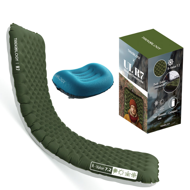 TREKOLOGY All-Season Sleep Bundle: UL R7.2 Pad (Green) & ALUFT 2.0 Pillow (US)