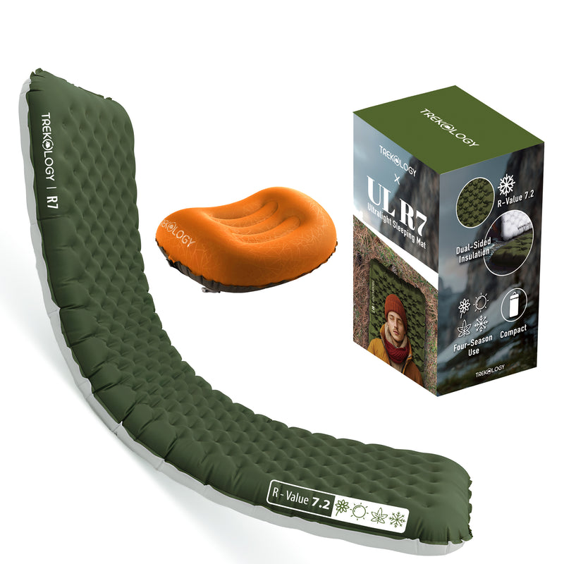 TREKOLOGY All-Season Sleep Bundle: UL R7.2 Pad (Green) & ALUFT 2.0 Pillow (US)